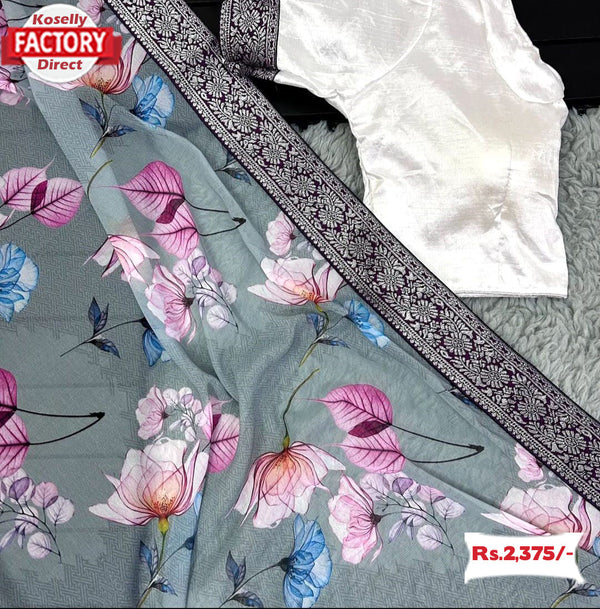 Ash Floral Georgette Saree With Banarasi Border And Stitched Blouse