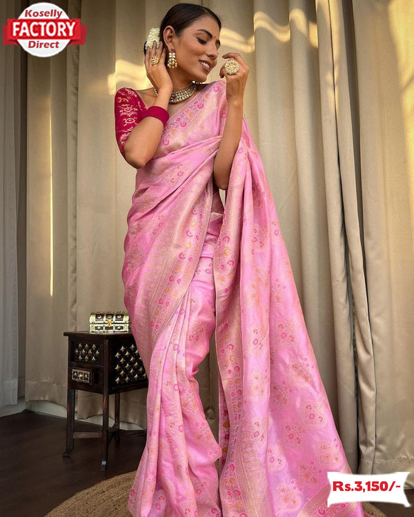 Pink Pure Dola Silk Saree With Banarasi Zari Weaving