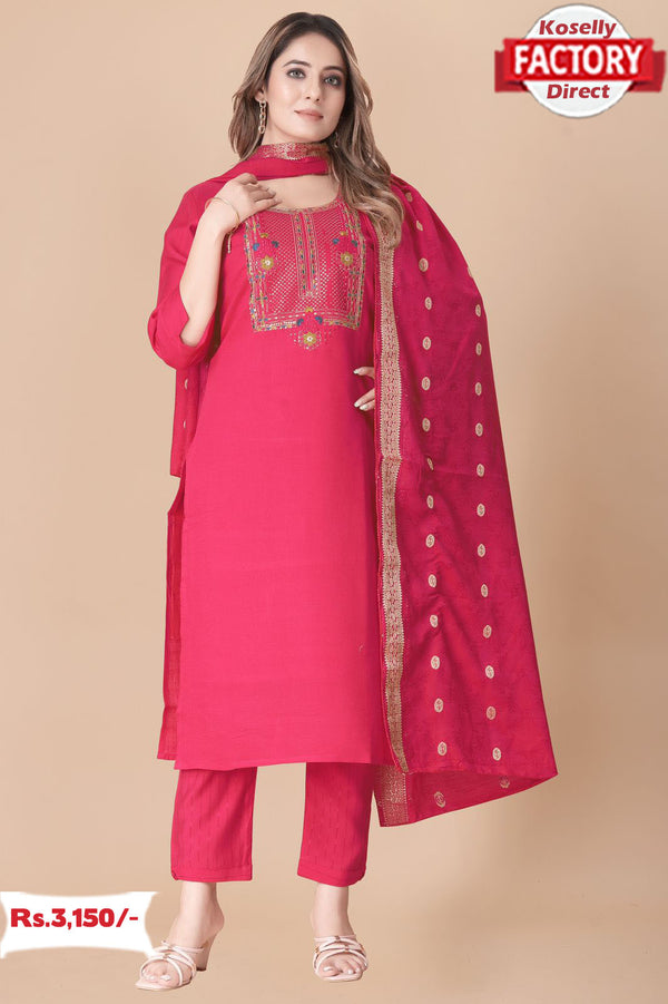 Pink Embroidered Kurtha Pant Dupatta Set