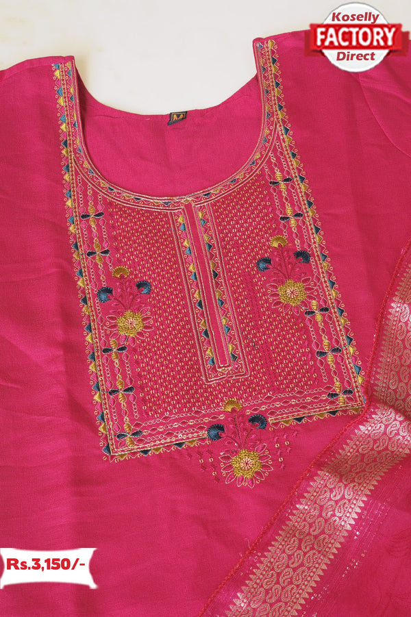 Pink Embroidered Kurtha Pant Dupatta Set