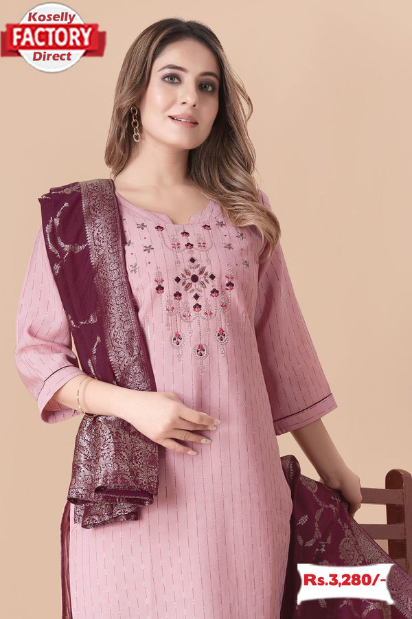 Light Pink Embroidered Kurtha Pant Dupatta Set