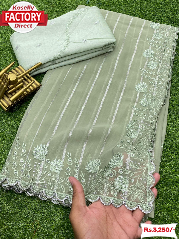 Olive Green Georgette Weaving And Embroidered Partywear Saree