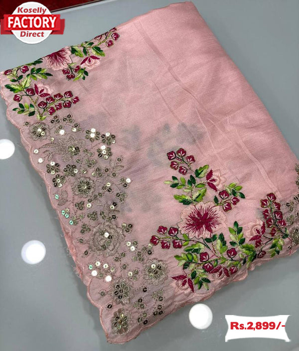 Baby Pink Dola Silk Multi-embroidery Partywear Saree