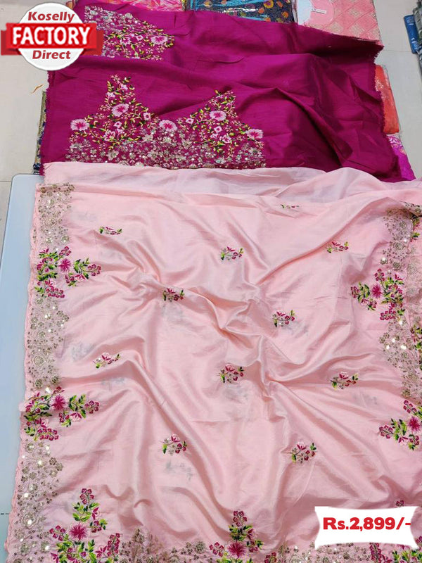 Baby Pink Dola Silk Multi-embroidery Partywear Saree