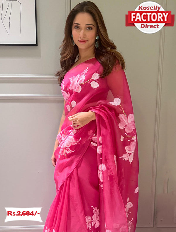 Hot Pink Pure Organza Handpainted Saree With Readymade Blouse
