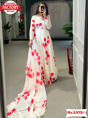 White Digital Printed Silk Gown Dupatta Set