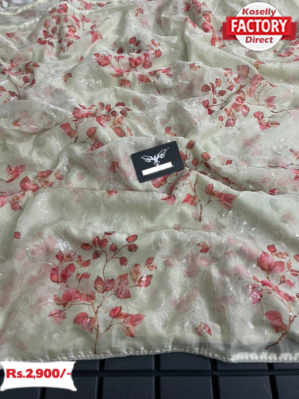 Faint Yellow Pure Tabby Silk Embroidered Saree