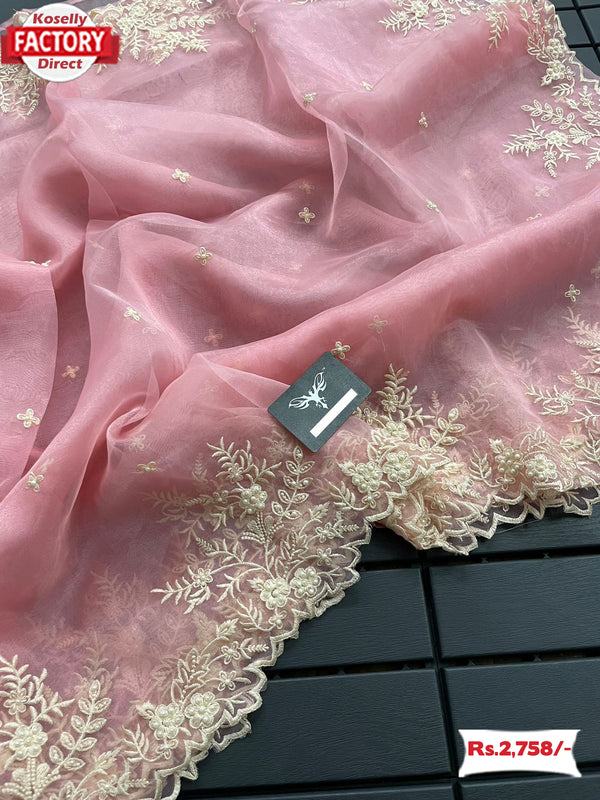 Pink Pure Organza Saree With Pearl And Thread Work