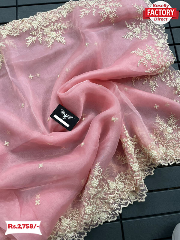 Pink Pure Organza Saree With Pearl And Thread Work