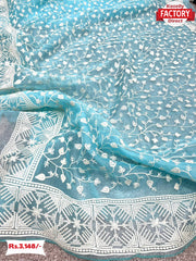 Sky Blue Organza Chikankari Saree