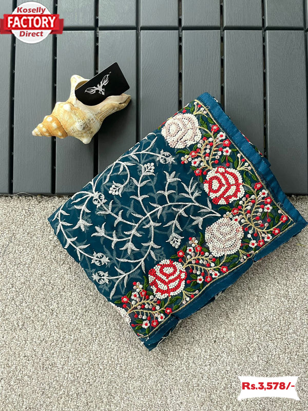 Deep Blue Pure Georgette Chikankari Work Partywear Saree