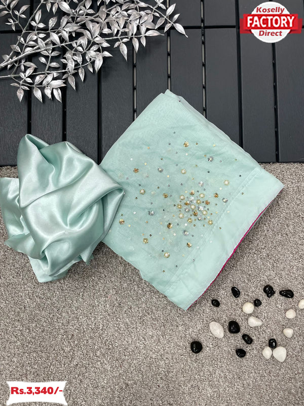 Dusty Blue Designer Sequins Partywear Saree