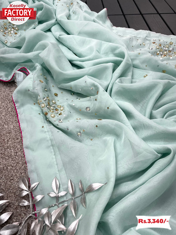 Dusty Blue Designer Sequins Partywear Saree