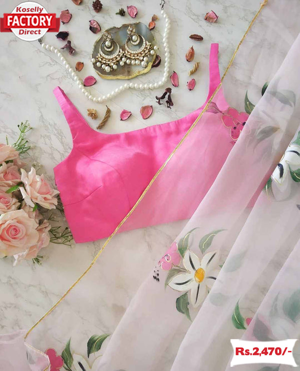 Powder Pink Organza Hand Painted Saree