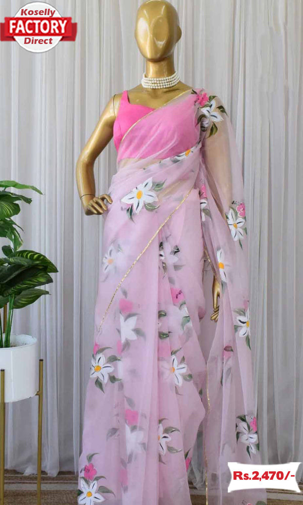 Powder Pink Organza Hand Painted Saree