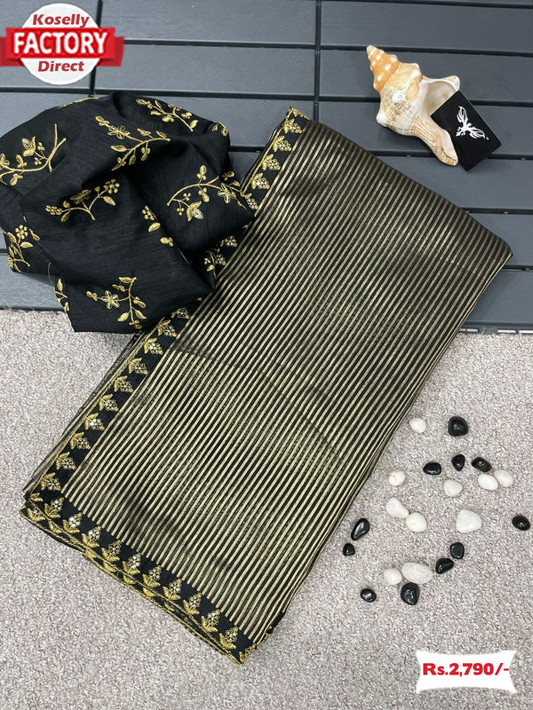 Black Pure Organza Gold Zari Weaving Partywear Saree