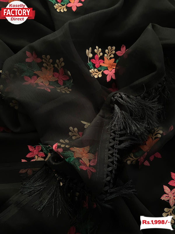 Black Chiffon Saree With Contrast Embroidery Work