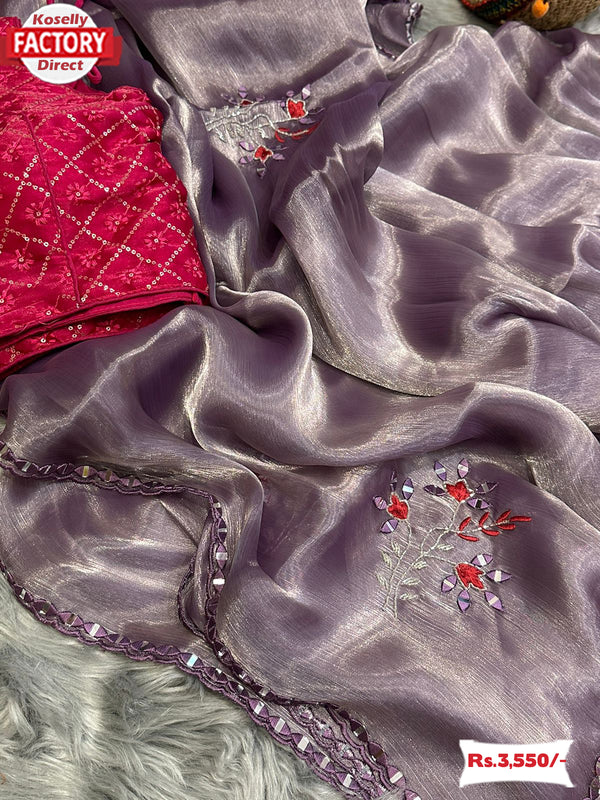 Lavender Pure Shimmery Organza Partywear Saree With Stitched Blouse