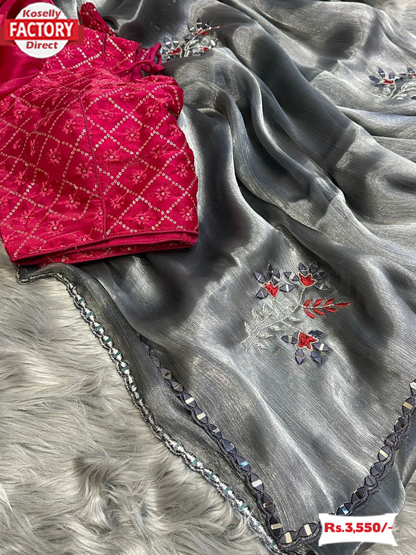 Silver Pure Shimmery Organza Partywear Saree With Stitched Blouse