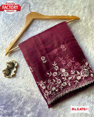 Wine Pure Organza Thread Embroidery Saree