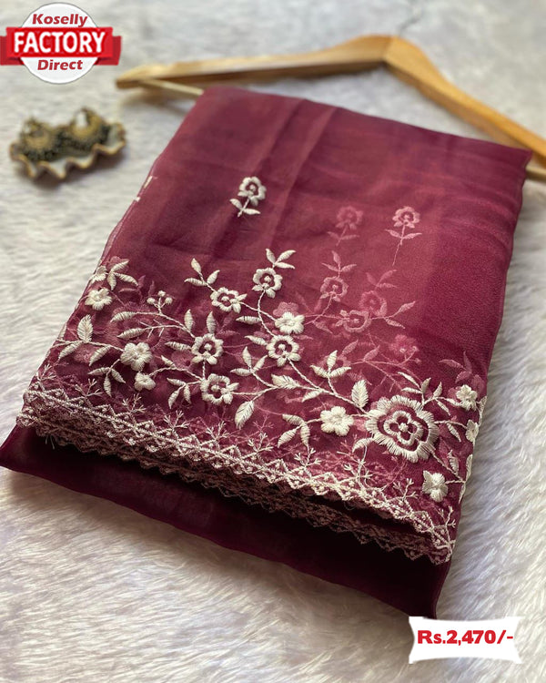 Wine Pure Organza Thread Embroidery Saree