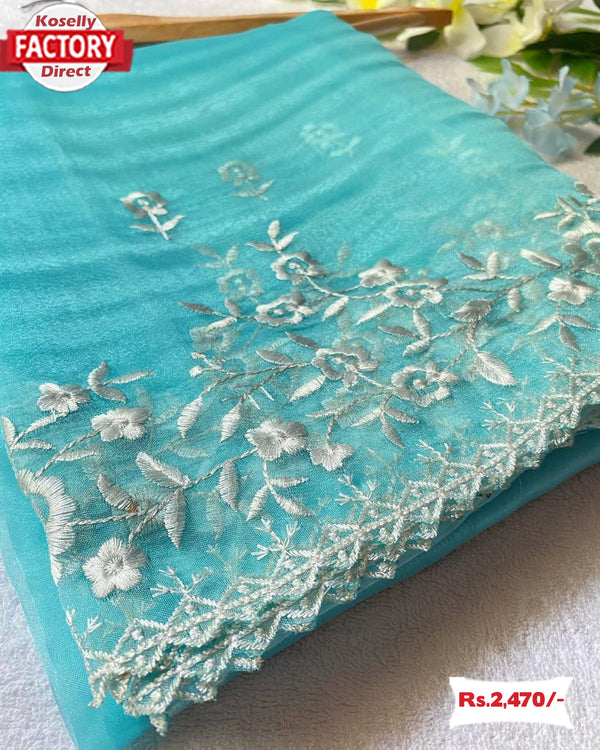 Sky Blue Pure Organza Thread Embroidery Saree