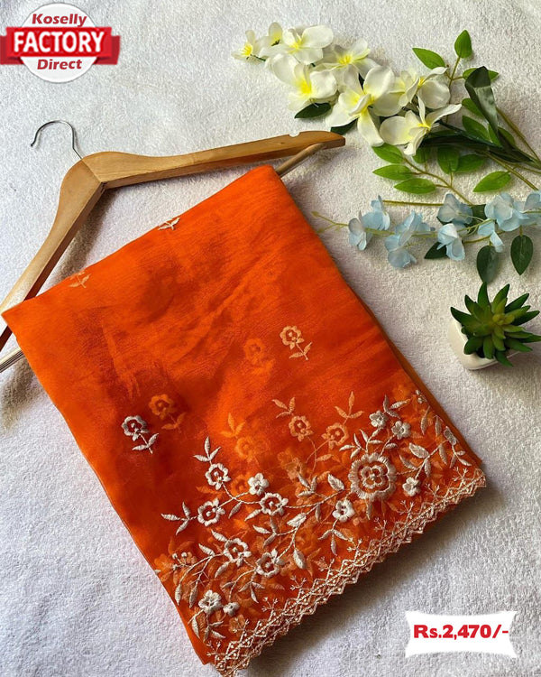 Orange Pure Organza Thread Embroidery Saree