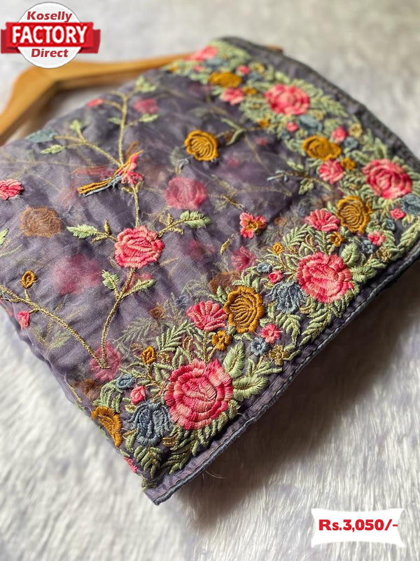 Ash Pure Viscose Organza Multi-thread Work Saree