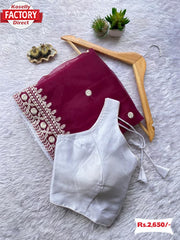 Wine Pure Organza Chikankari Saree With Stitched Blouse