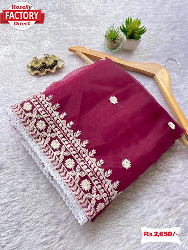 Wine Pure Organza Chikankari Saree With Stitched Blouse