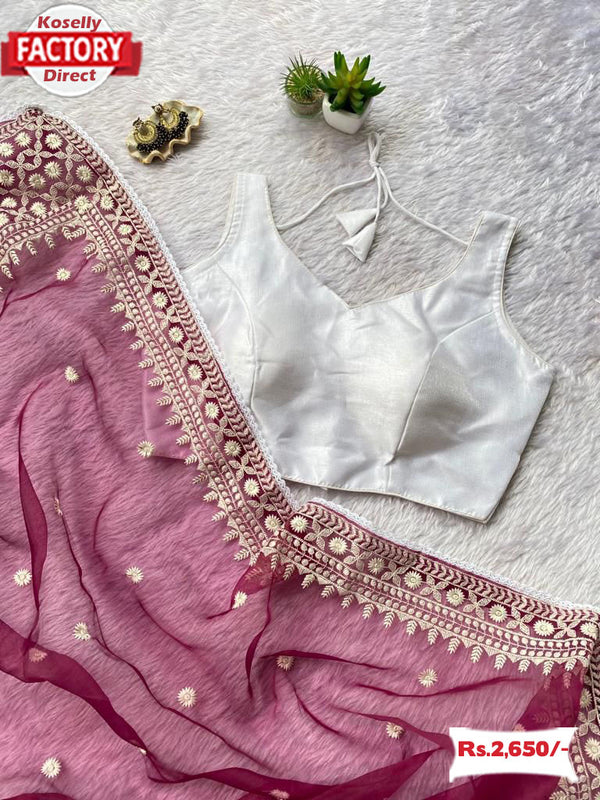 Wine Pure Organza Chikankari Saree With Stitched Blouse