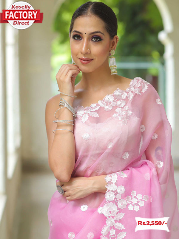 Baby Pink Pure Organza Multi-Embroidered Saree