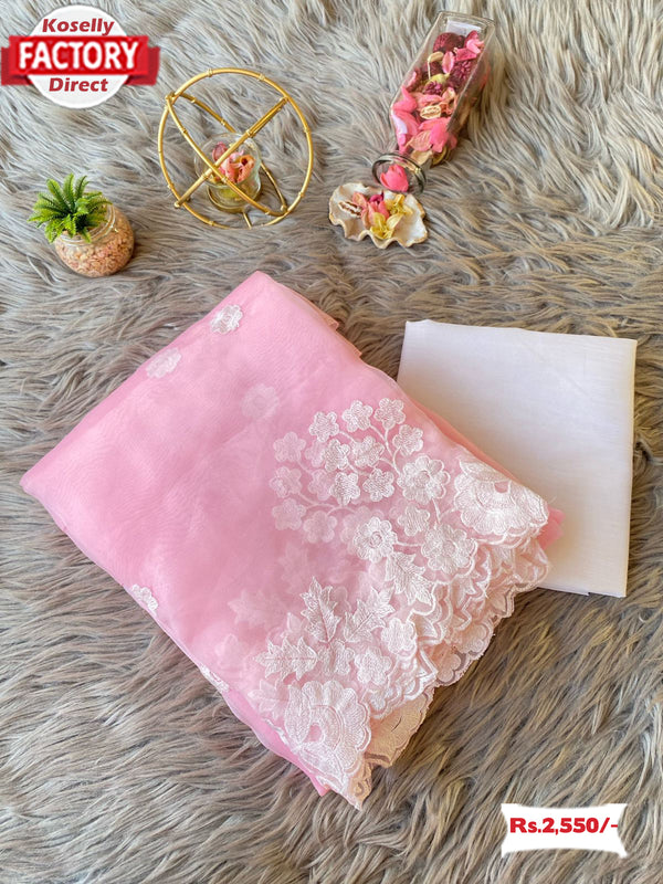Baby Pink Pure Organza Multi-Embroidered Saree