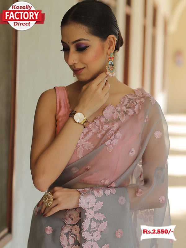 Ash Pure Organza Multi-Embroidered Saree