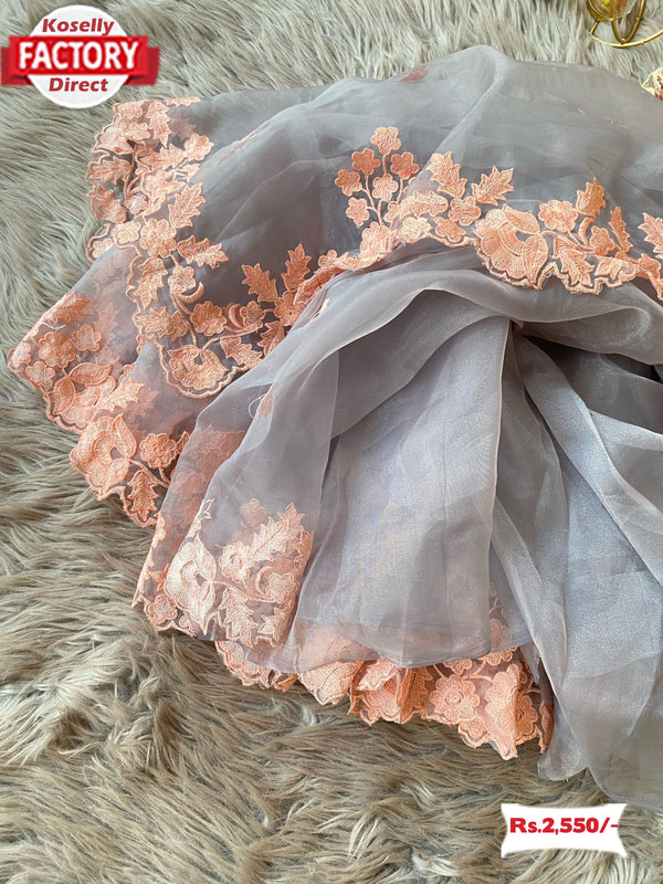 Ash Pure Organza Multi-Embroidered Saree