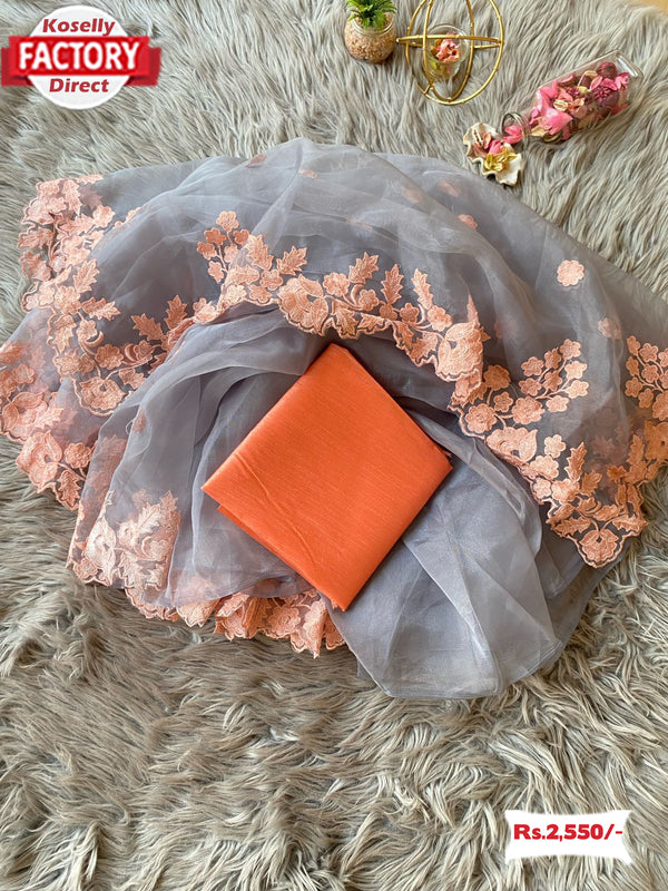 Ash Pure Organza Multi-Embroidered Saree