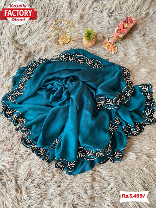 Blue Pure Chiffon Partywear Saree With Zircon Embroidery
