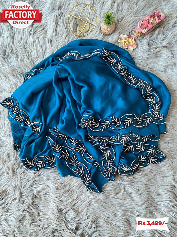 Deep Blue Pure Chiffon Partywear Saree With Zircon Embroidery