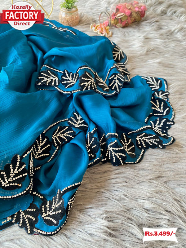 Deep Blue Pure Chiffon Partywear Saree With Zircon Embroidery