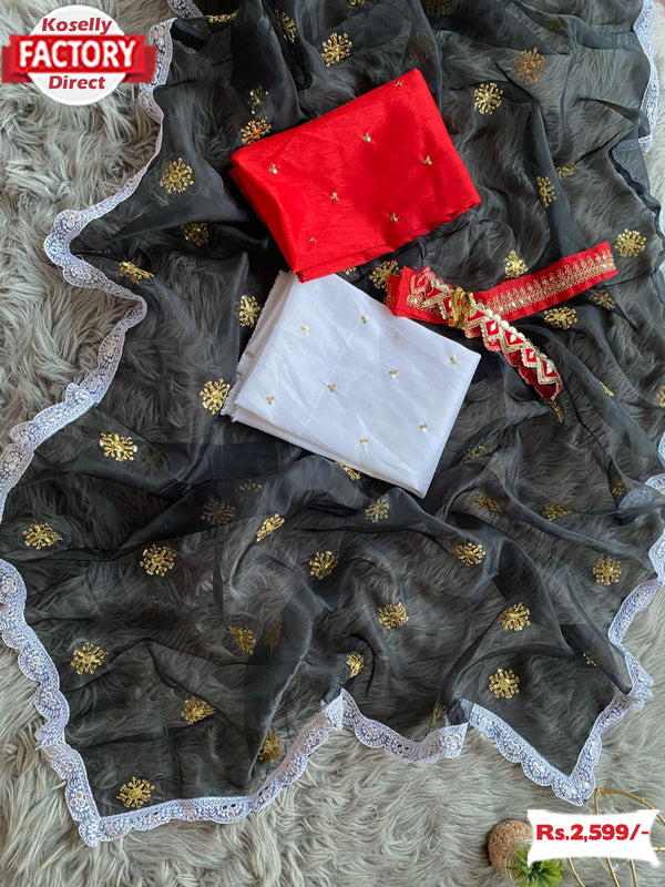 Black Pure Organza Embroidered Saree