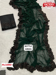 Bottle Green Georgette Velvet Border Partywear Saree