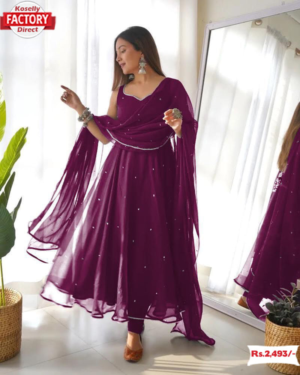 Wine Anarkali Gown Dupatta Set