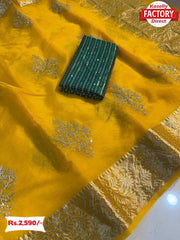 Yellow Organza Silk Saree With Embroidery