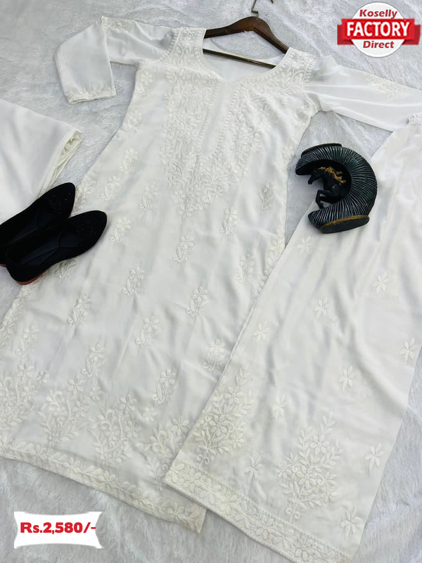 White Chikankari Maslin Kurthi Palazzo Dupatta Set