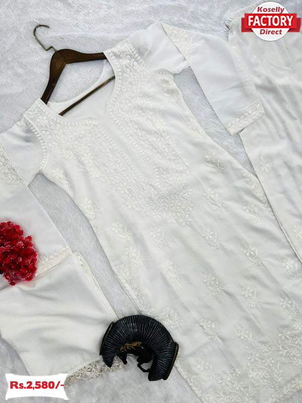 White Chikankari Maslin Kurthi Palazzo Dupatta Set