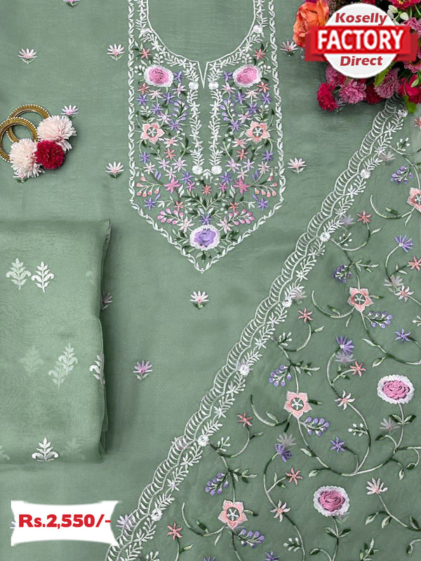Dusty Green Embroidered Organza Silk Kurtha Suruwal Piece