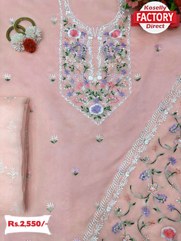 Peach Embroidered Organza Silk Kurtha Suruwal Piece
