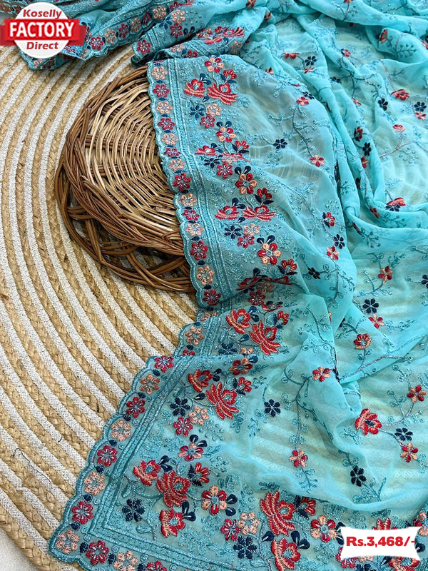 Sky Blue Soft Georgette Embroidered Partywear Saree