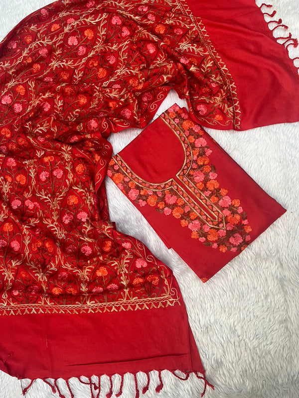 Red Woolen Kurtha Piece With Kashmiri Embroidery Work