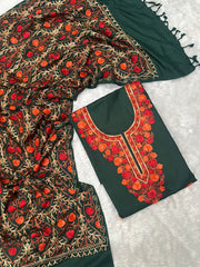 Dark Green Woolen Kurtha Piece With Kashmiri Embroidery Work